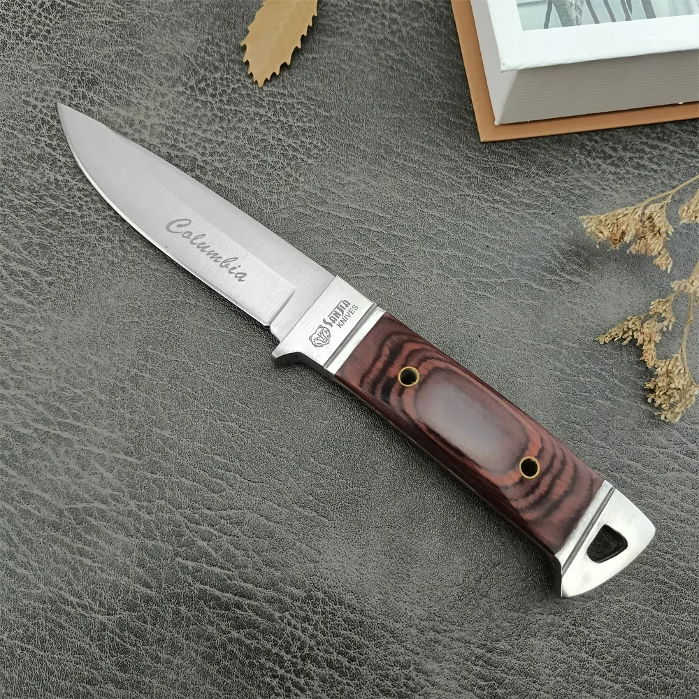 Outdoor Hunter Straight Knife K90 Fixed Blade 5Cr13Mov, Colorful Wooden Handle Tactical Military Knife EDC Camping Survival Tool