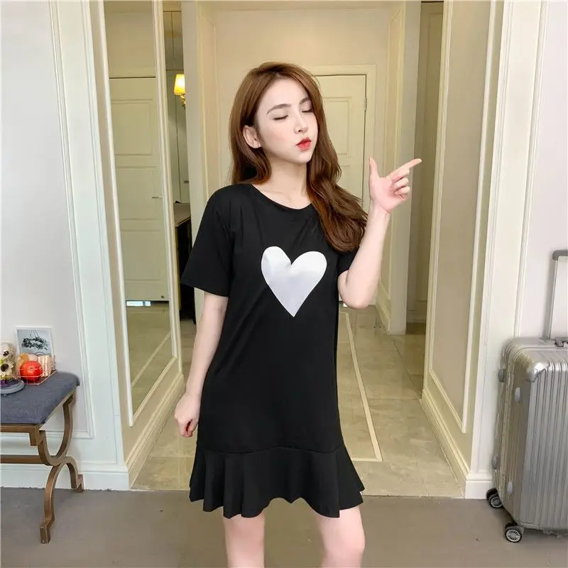 ขนาดบวกR Ufflesพิมพ์เกาหลีแขนสั้นเสื้อยืดชุดฤดูร้อนO-คอหลวมแฟชั่นMidiชุดลําลองวินเทจเสื้อผ้าผู้หญิง
