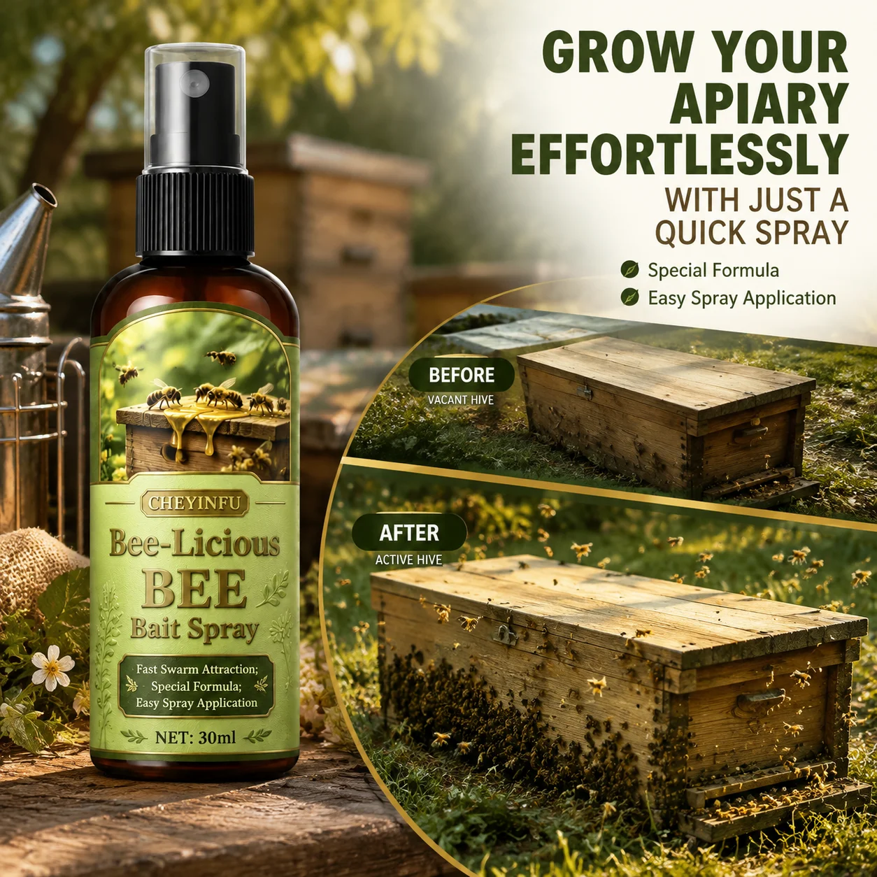 CHEYINFU Bee Attractant Spray Swarm Lure Formula for Beekeeping Hives & Traps 30ml
