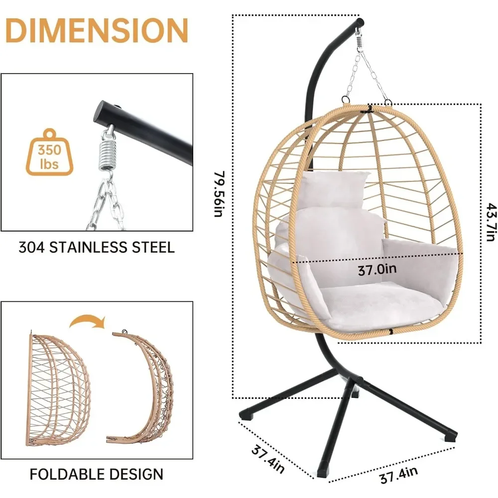 Hanging Egg Chair with Stand Patio Hammock Swing Chair, Basket Wicker Rattan Adjustable Height UV Resistant Indoor Outdoor Use