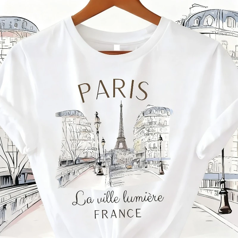 

2025 Summer 90s Paris Women Print Girl Short Sleeve Crew Neck Casual Top for Summer Spring 100% Pure Cotton Printed T-shirt