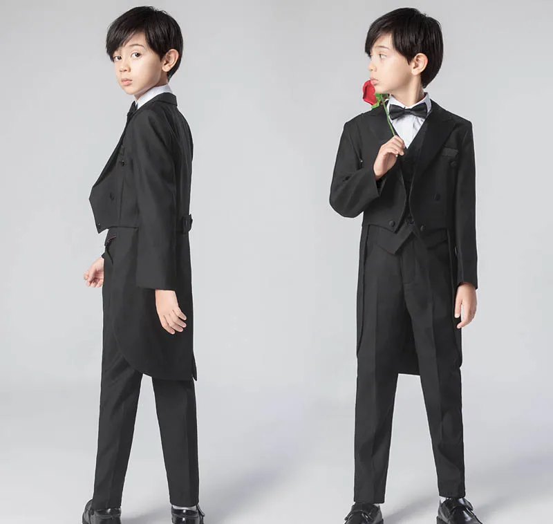 Children Luxurious Piano Performance Costume Kids Wedding Wear Boys Black Long Tuxedo Dress Jacket Vest Pants Photography Suit