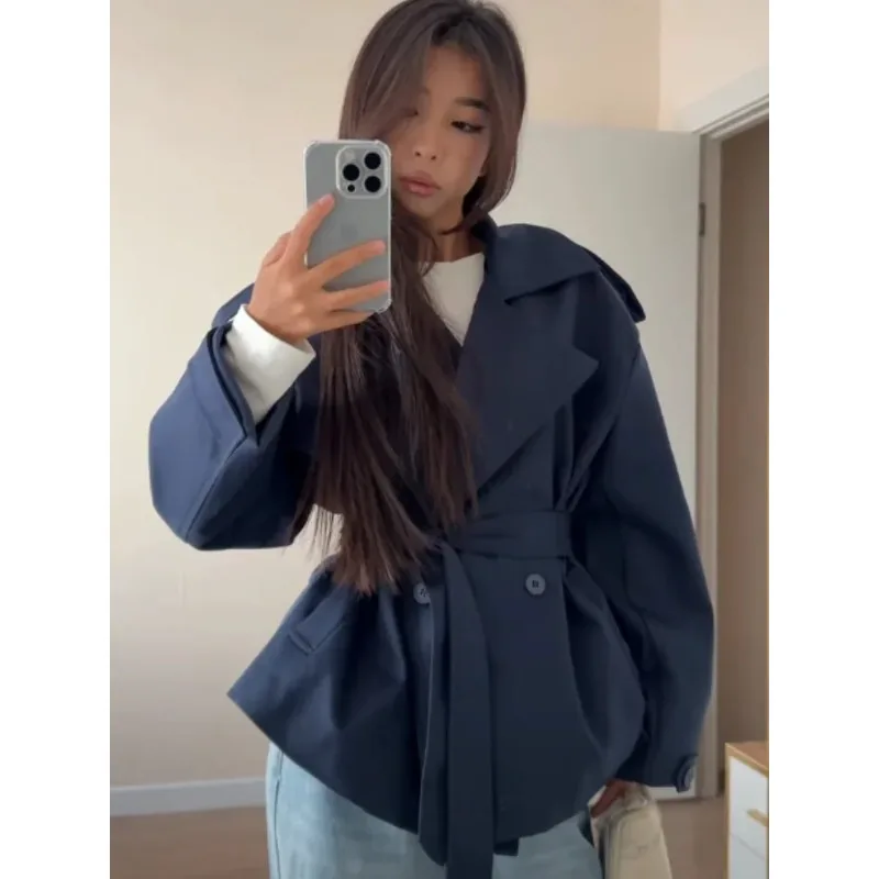 Women Oversized Short Trench Coat Belted Lapel Epaulet Cropped Mid Waist Casual Windbreaker Elegant Commute Autumn Outerwear