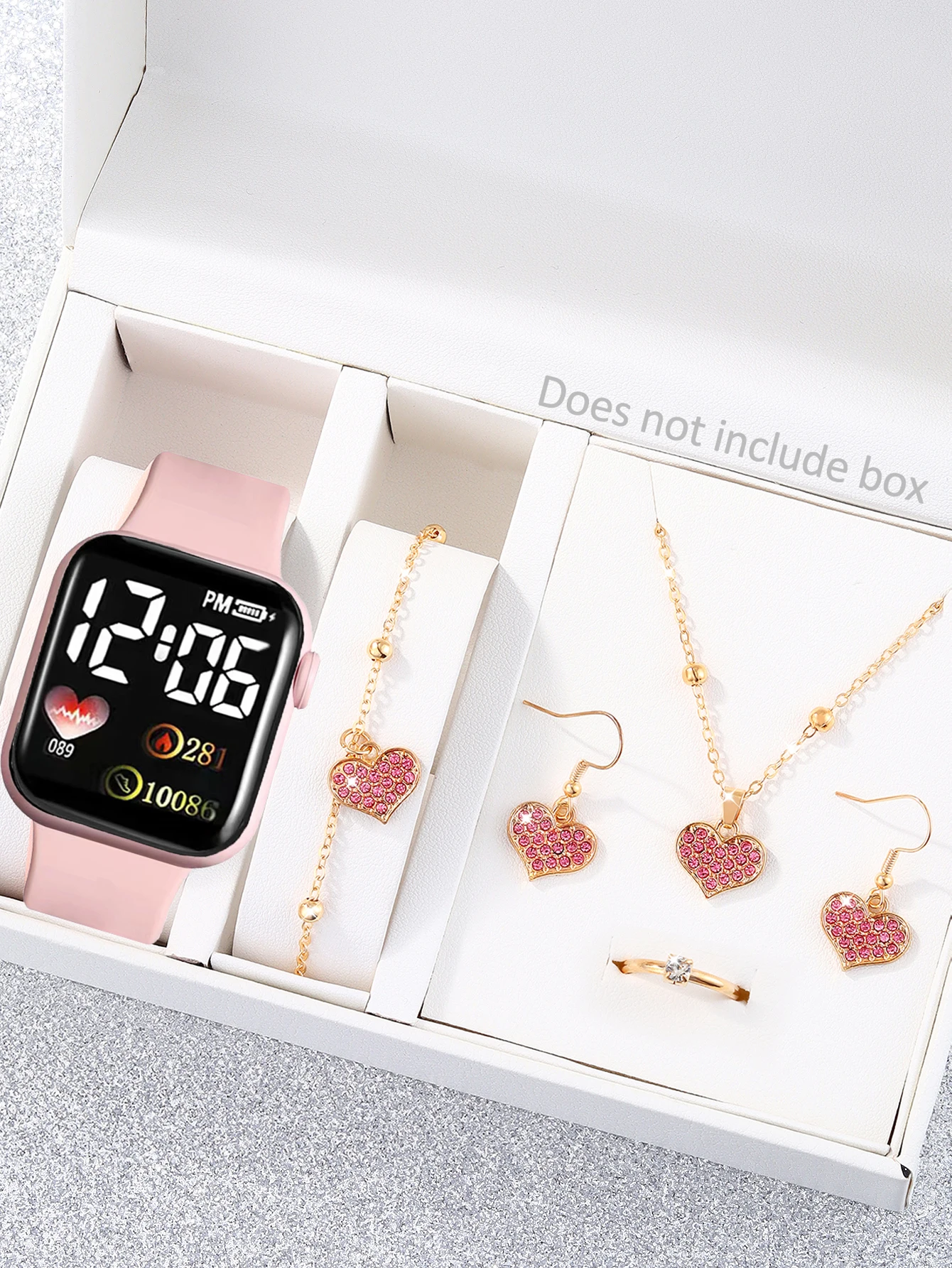 Pink sport simple rectangular silicone women\'s digital watch with heart full diamond necklace set birthday gift