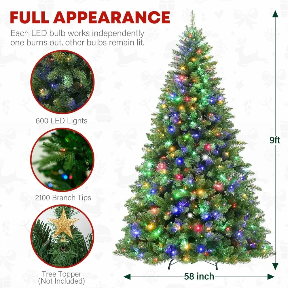 9-foot Pre Installed Christmas Tree with 600 Multi-color LED Lights, Featuring 10 Color Modes for Artificial Christmas Trees