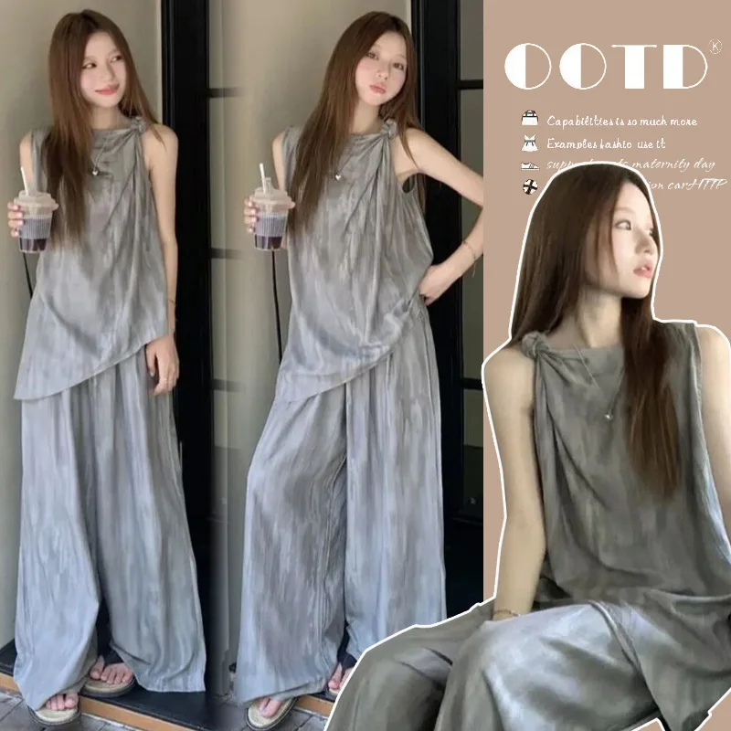 ropa-de-maternidad-verano-2026-gris-tie-dye-sin-mangas-cuello-anudado-y-pantalones-anchos-holgados-transpirables-y-comodos-para-el-embarazo