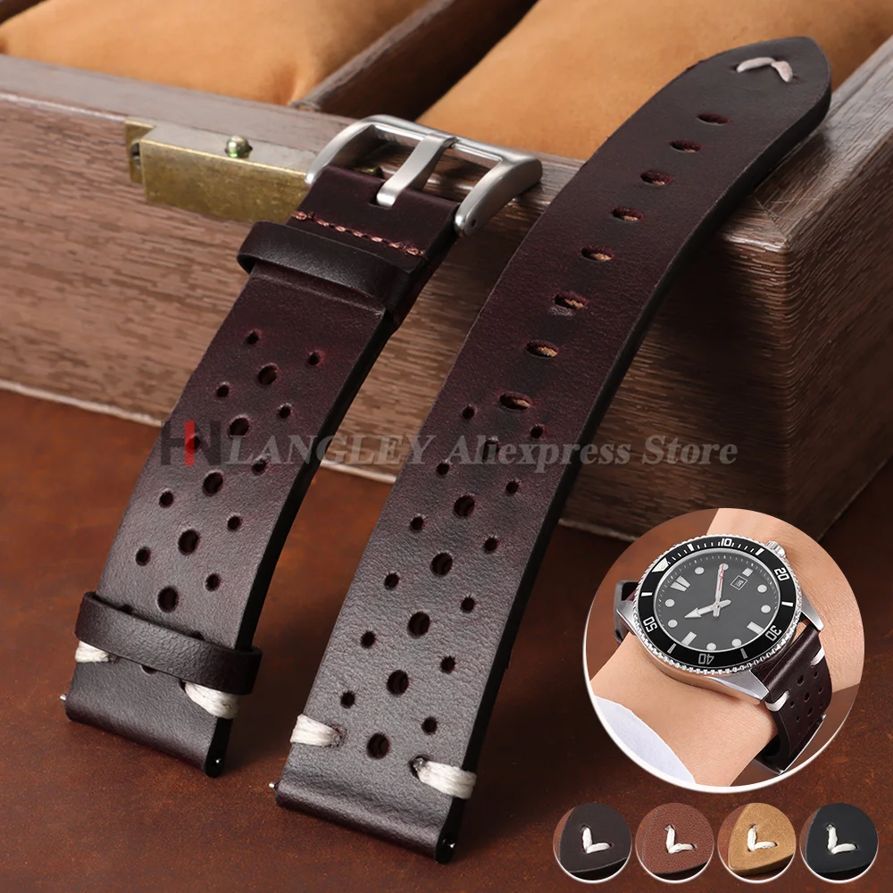 20mm 22mm Premium Genuine Leather Strap Quick Release Oil Wax Discoloration Cowhide Leather Watchband Business Men Women Straps