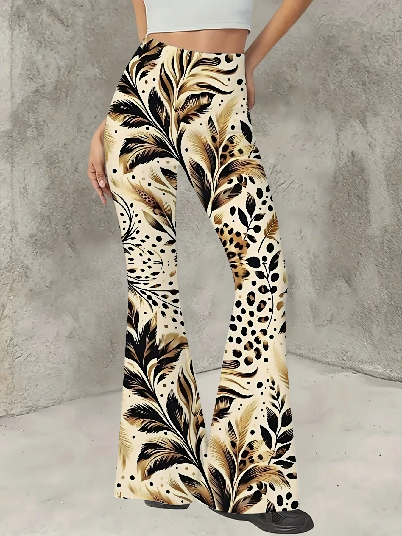 

Plus Size All-Over Print Flare Pants Women Stretchy High Waist Bell Bottom