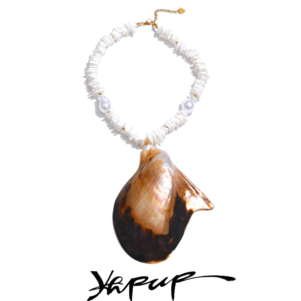 

Yhpup Ocean Series Handmade Baroque Simulated Pearls Chain Big Shell Pendant Necklace Summer Stainless Steel Holiday Jewelry