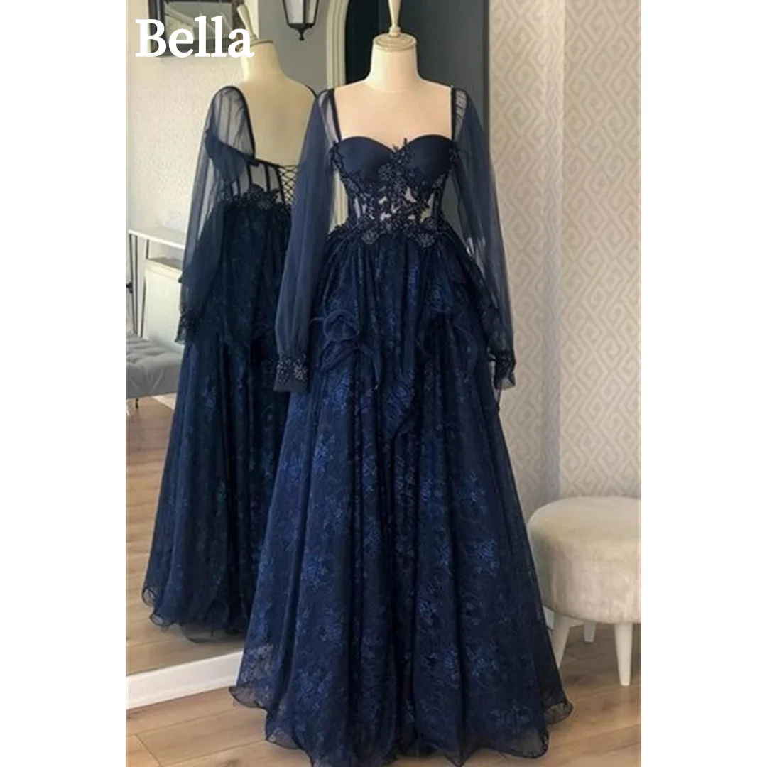 

Bella Dark Blue Prom Dresses Lace Embroidery Wedding Dress Elegant Puffy Sleeves Ankle-Length Lace-up Back Vestidos De Fiesta