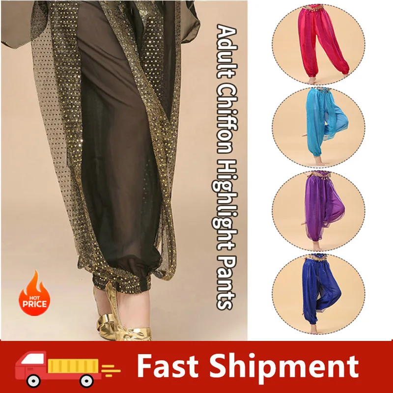 

Adult Indian Dance Sequin Pants Ethnic Dance New Adult Belly Dance Chiffon Practice Costumes Highlights Pants Lantern Pants