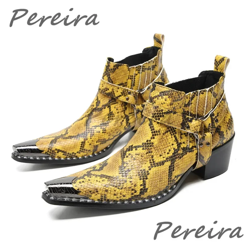

Yellow Snake Patterned Ankle Boots Men's Buckle Strap Metal Pointy Toe Cow Leather Chelsea Boots Fashion Business Casual Shoes