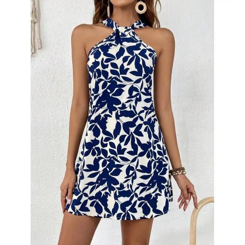 Faionable Summer Le Print Strapl ort Dr Ne Hanging No-Sve Women's Dr Polyester Material A-Line Skirt