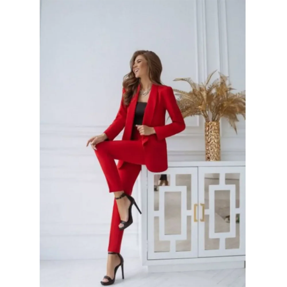 Slim Fit Fashion Chic Women Suits Peak Lapel Single Breasted Two-pieces (Jacket+Pants) Ensemble Pantalons Office Lady Formal Set