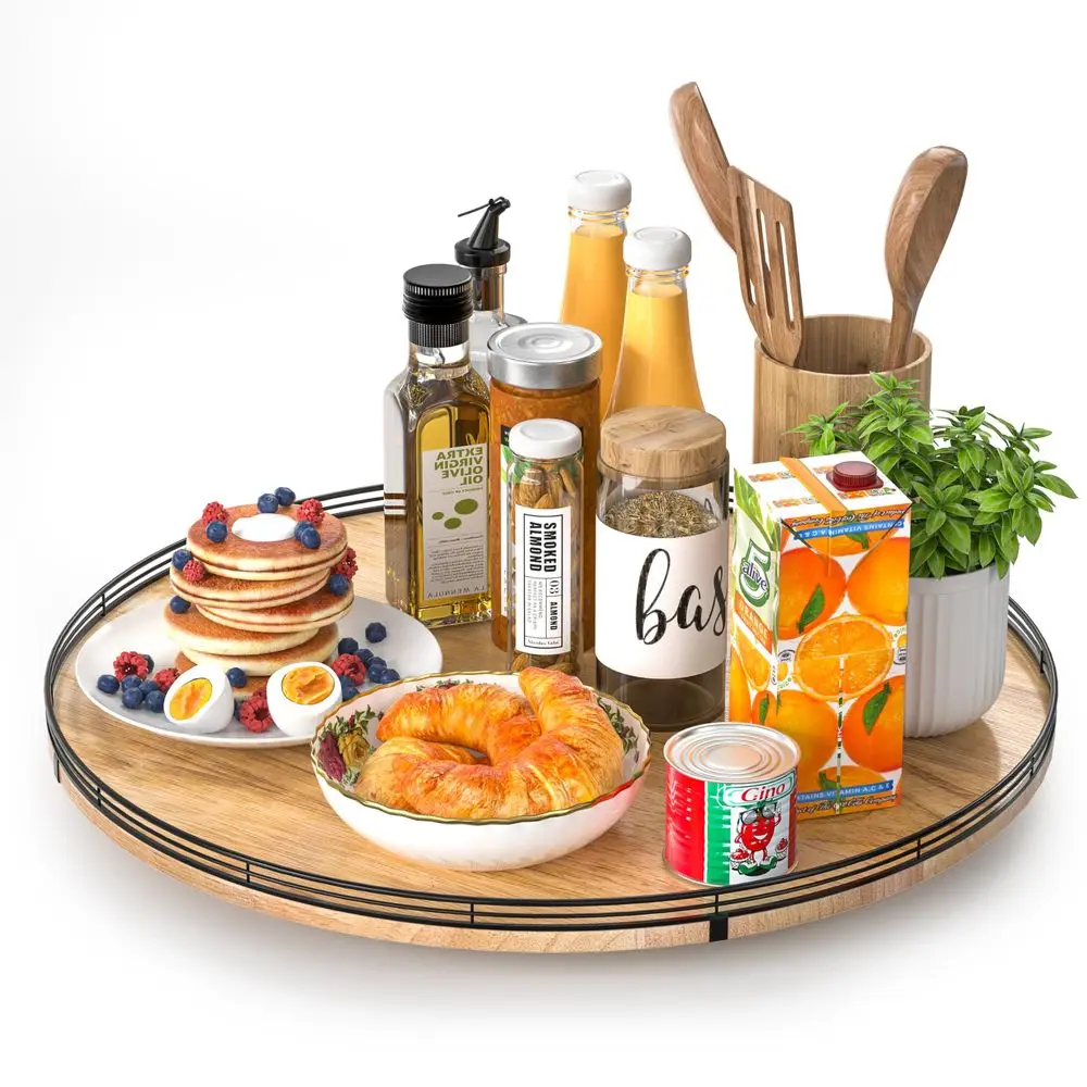 

Lazy Susan Oak Wood Turntable Organizer for Cabinet, Farmhouse Round Wooden Large Lazy Susan Organization and Storage for Dinin