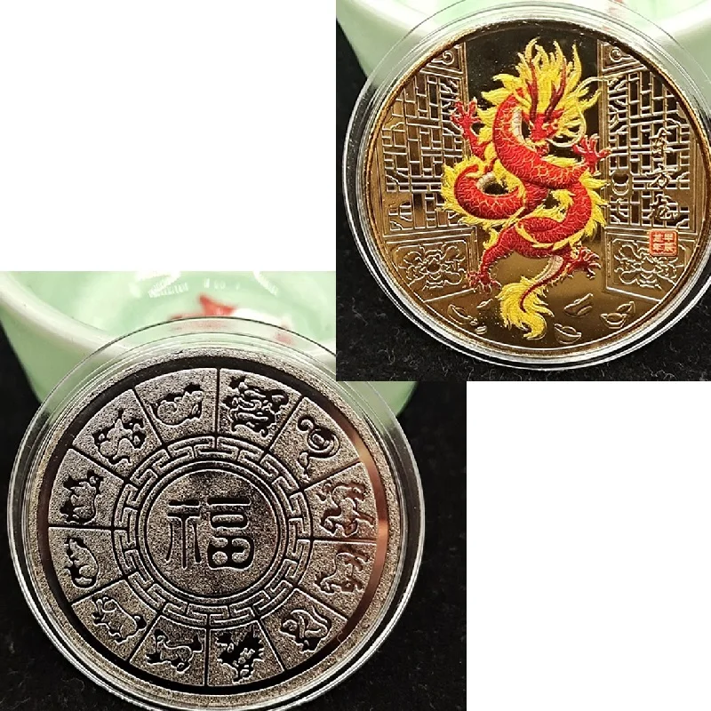 2024 Traditional Chinese Commemorative Coin Collection Dragon Painted Metal Badge Symbolize Good Fortune  New Year Gift