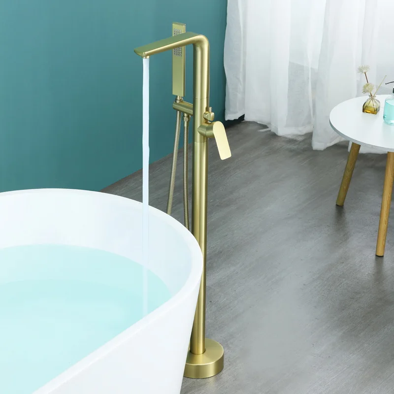 Luxury Brass Floor Mount Stand Freestanding Brushed Gold Bathtub Tub shower filter Faucet with hand shower sprayer for bathtub