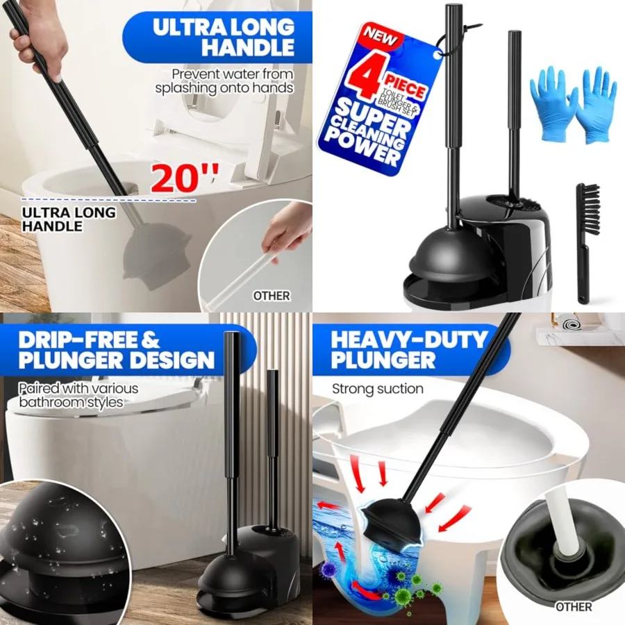 

4-Piece Toilet Brush and Plunger Set, Extended Handle Plunger,Toilet Bowl Brush Plunger Set,Bathroom Cleaning Tools,Cleaning Brush,Cleaning Supplies,Toilet Brush Plunger Combo,Black（20inch）