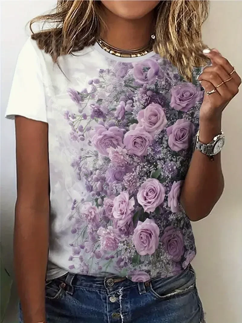 

Women's T-Shirt Purple Flowers Print Summer Casual Round Neck Short Sleeve Y2K Top Outdoor Fashion Female Oversized T-shirts