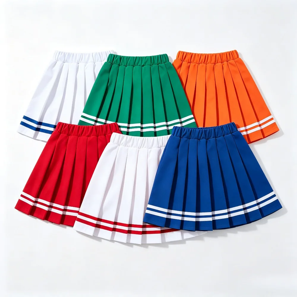 Girls Pleated Skirt Kids High Waist A-Line School Uniform Stripe Hem Short Skirt Daily Dance Sports Stage Casual Summer Skirt