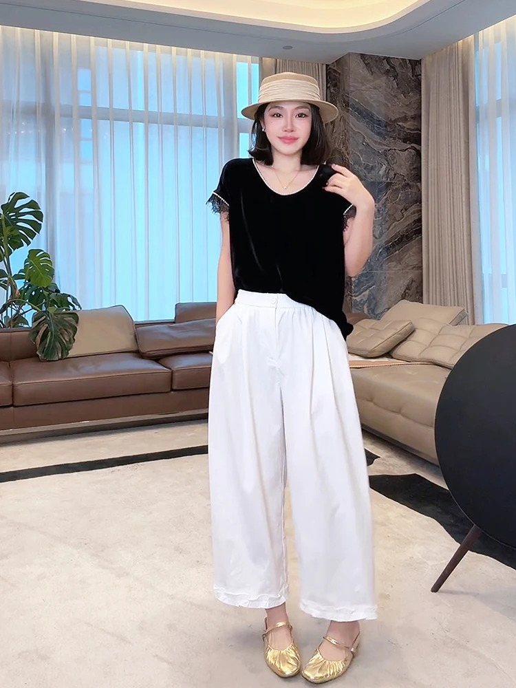 

High Waist Straight Leg Casual Pants Anti-Uv Floral Embellied Slimming Wide Leg Casual Trousers by Mehomeyang