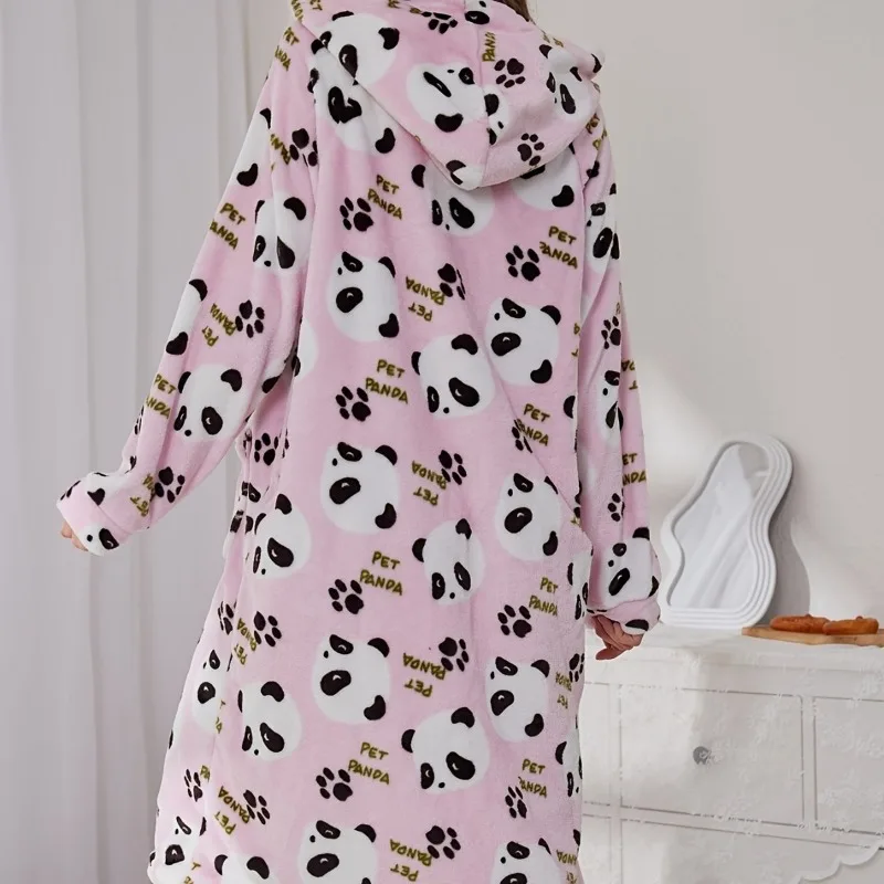 Cozy Cartoon Print Long Hooded Blanket Bathrobe for Autumn Winter Soft Skin-Friendly Nightgown for Home wear XL size