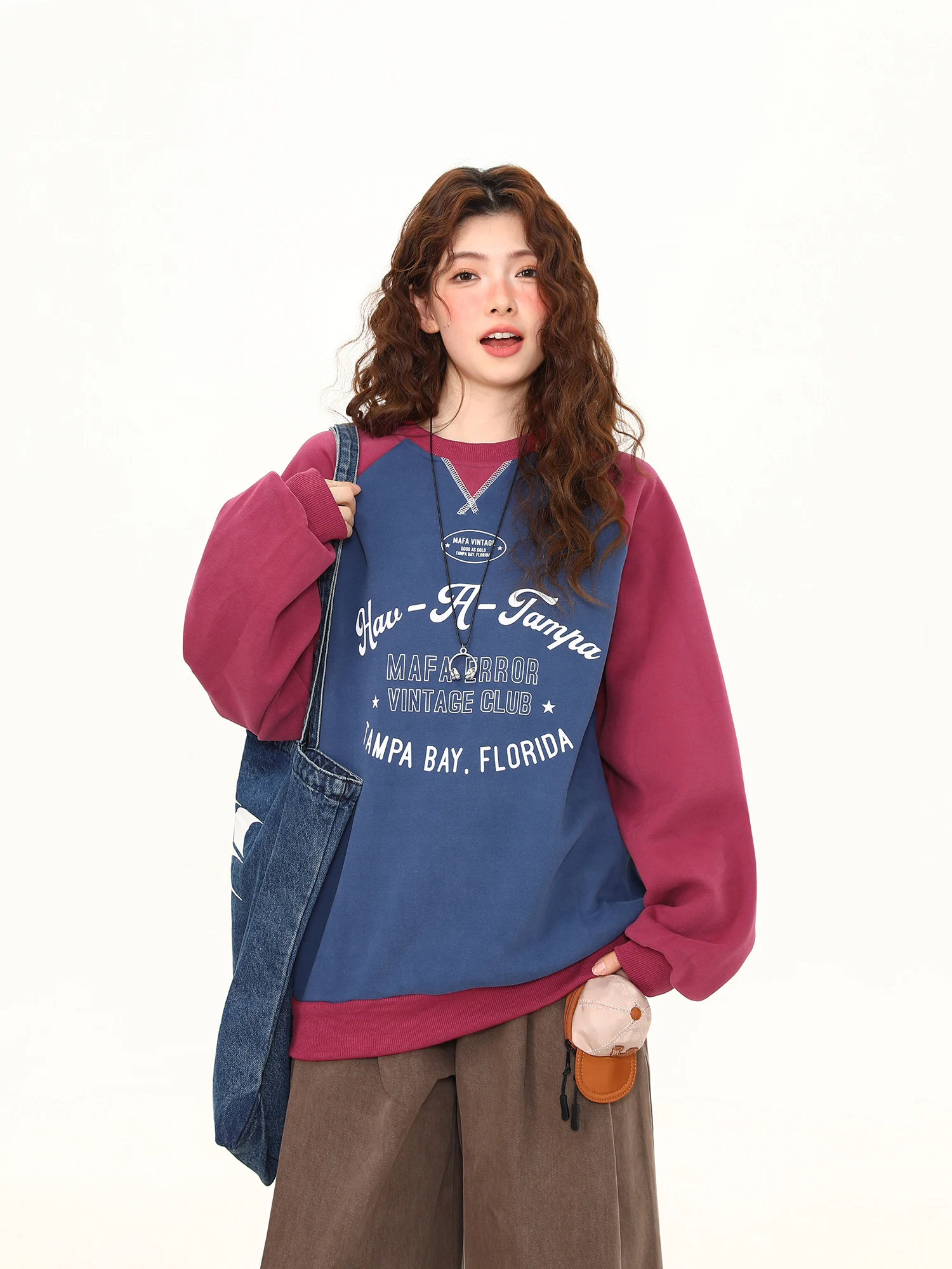 

Wild American Retro College Sle Color Blo round Ne Hoodie Women's Loose Versatile Top Spring New Arrival Streetwear