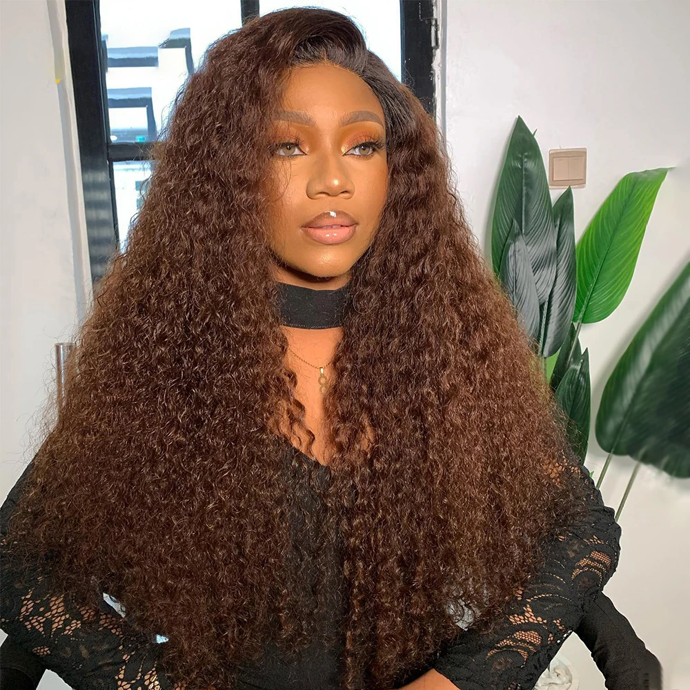 Ombre Brown Kinky Curly Soft Natural Hairline 180Density 26”Long Lace Front Wig For Black Women With Baby Hair Preplucked Daily