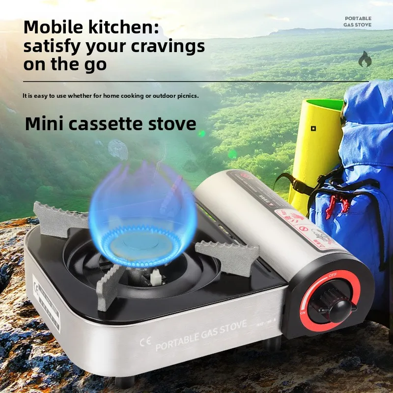 Portable Butane Camping Stove Mini Cassette Gas Cooker with Wind Guard and Safety Shutoff