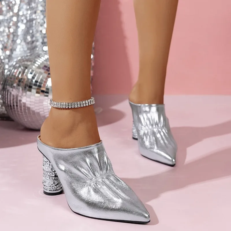 

Luxury Crystal Shoes Woman Summer 2025 High Heels Mules Women Slippers Slingback Sandals Chunky Pointed-toe Pu Leather Slides