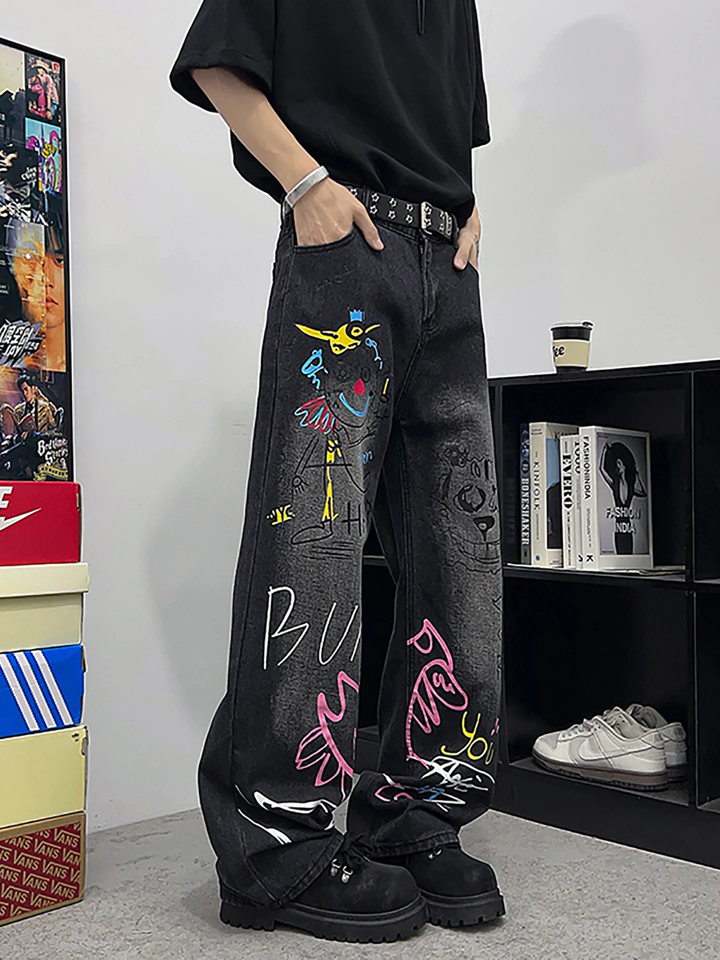 

Waed American High Street fiti Men's Loose Casual Straight Leg Long Jeans Versatile Youthful Trendy Straight Tube Pants