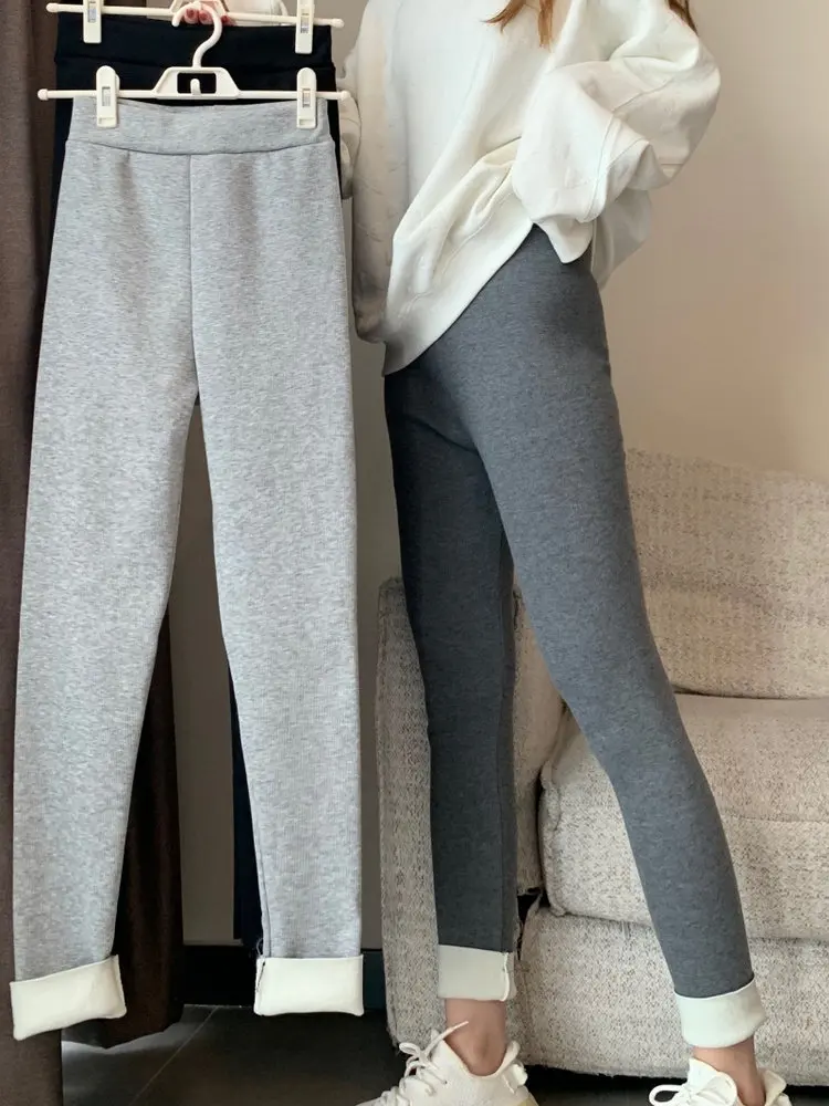 High Waist Fce Lined Slim Fit Pants Women's Winter Warm Sli Base Layer Trousers Korean Sle ey Leggings