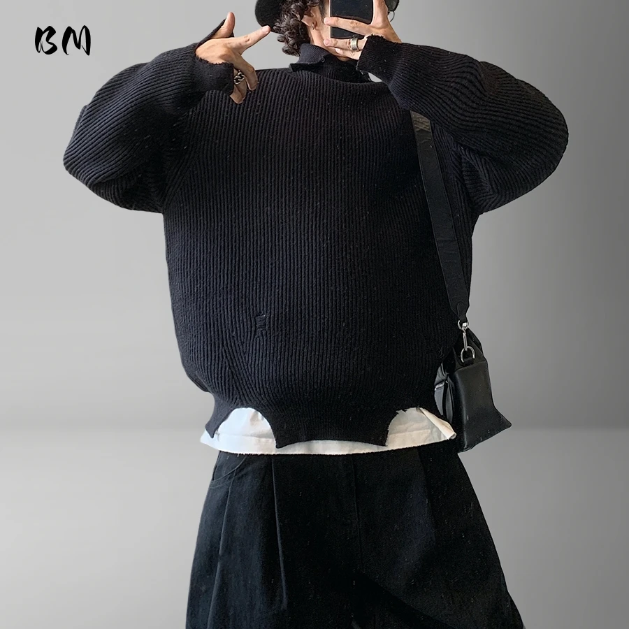 

Мужская корейская уличная одежда, повседневный пуловер, вязаный свитер в стиле хип-хоп, однотонный воротник с лацканами, асимметричный городской модный черный топ