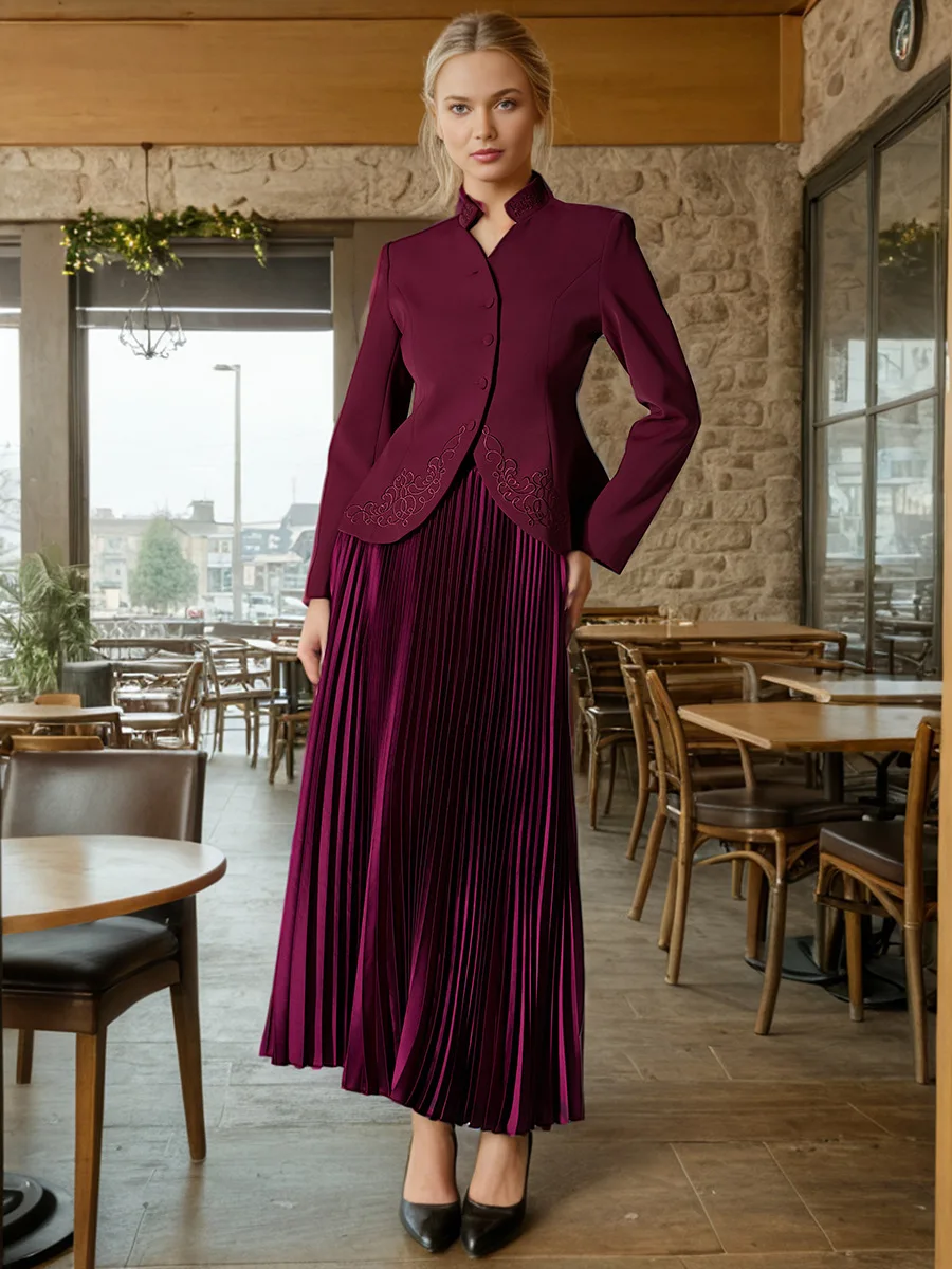 

2025 Elegant Dark Red Mother of The Bride Dress Two Pieces High Neck Lace Appliques Satin A-line Wedding Guest Party Gowns New