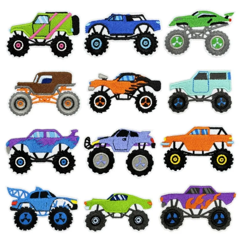 12Pcs Truck Iron on Patches Colorful Racing Car Vehicle Repair Embroidered Applique for Kids Boys Clothing Backpack Hat DIY
