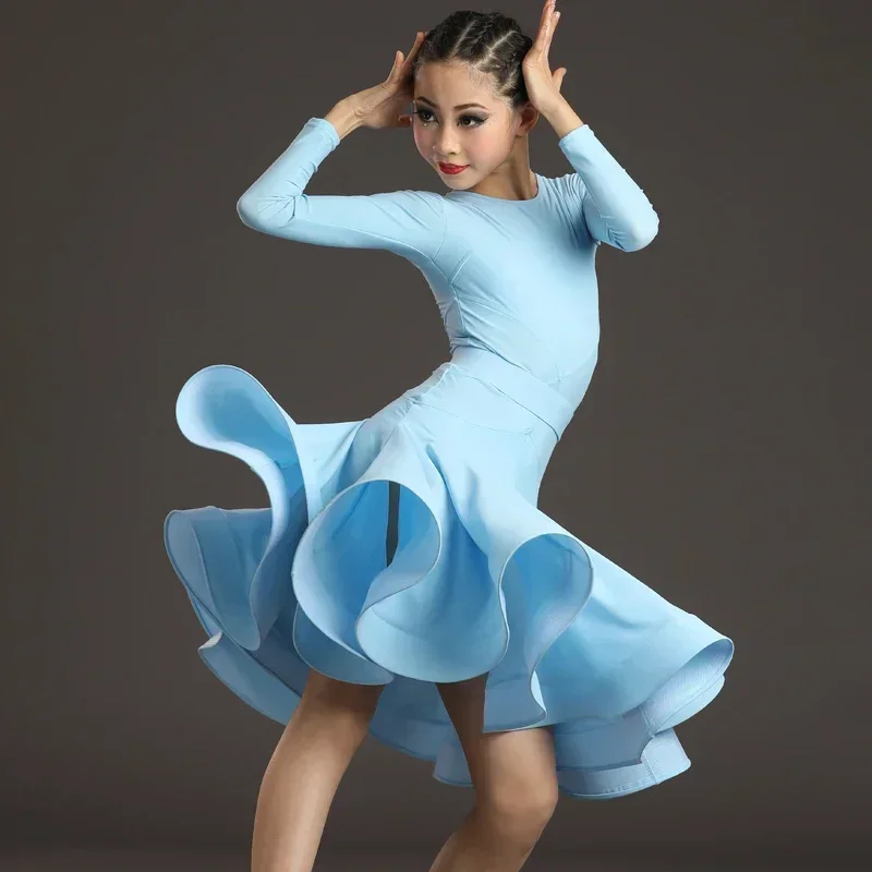 Wettbewerb Praxis Kleidung Neue Mädchen Langarm Latin Dance Kleid Kinder Salsa Kleid 4 Farben Ballroom Dance Kleid