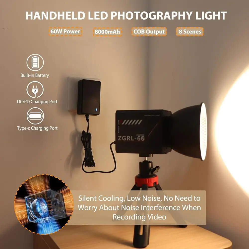 60W COB LED Video Light Handheld Portable with 8000 mAh Battery Dual-Color Photography Lighting Spotlight or Studio, Streaming,