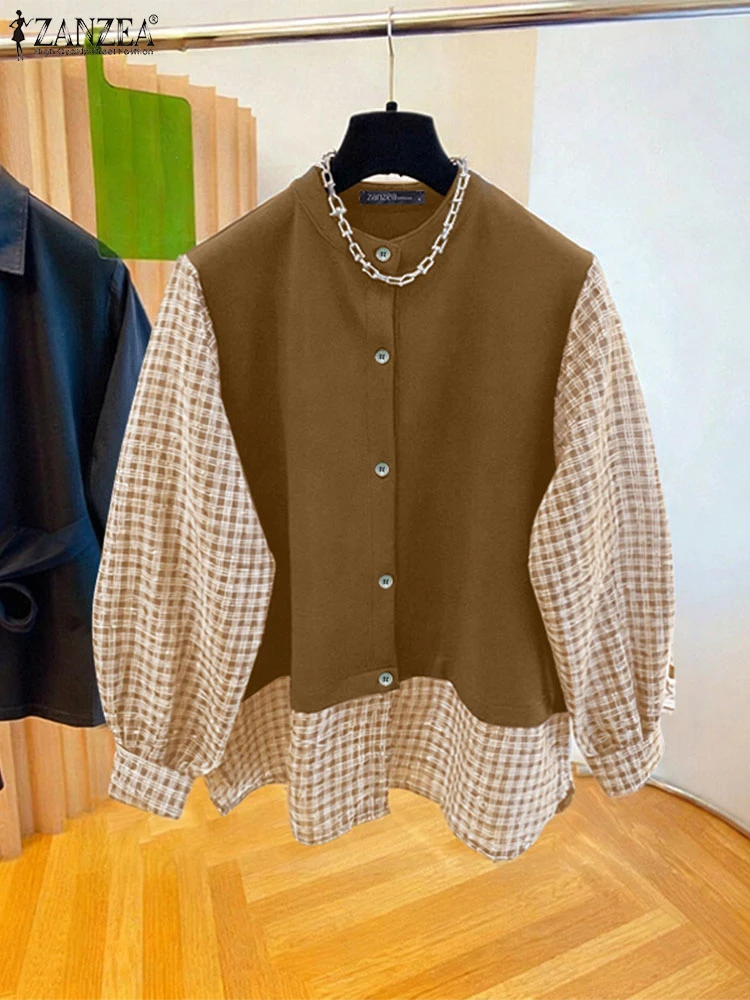 Women Autumn Patchwork Blouse 2025 ZANZEA Vintage O Neck Long Sleeve Plaid Shirt Female OL Work Pullover Mujer Casual Loose Tops