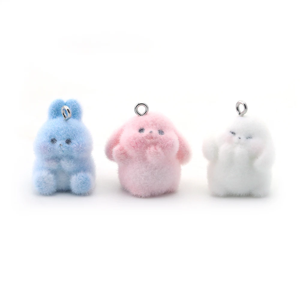 20Pcs Resin Long-eared Rabbit Charms Flocking Cartoon Plush Dolls Pendant for Keychain Earrings Making DIY Jewelry Accessories