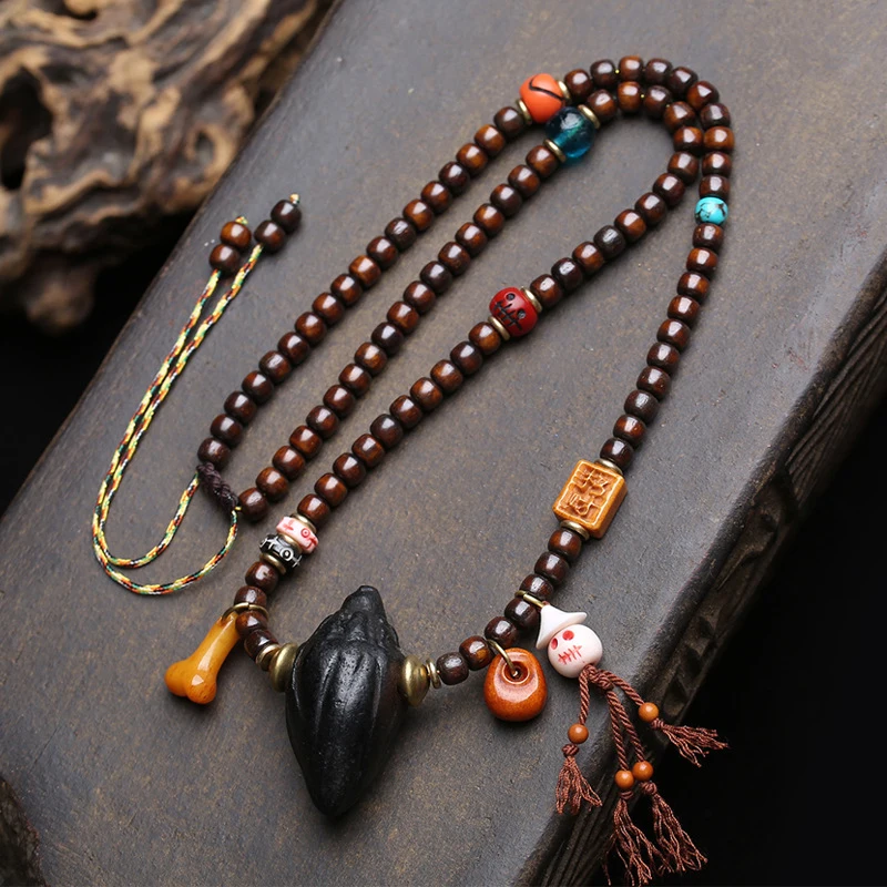 Traditional Yak Bone Bead Necklace, Nangla Tsatsa Pendant, A-Dai Copper Clasp, Ga'U Box Side-Hanging Accessory