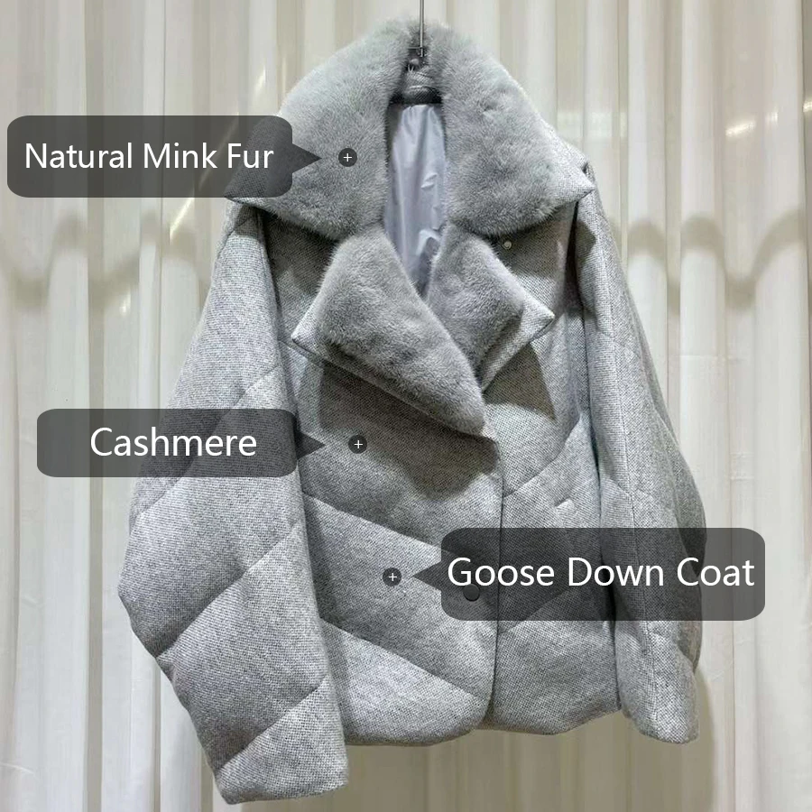 Goose Down Jackets With Natural Fur Cropped Cashmere Mink Down Jacket Wool Puffer Fur Coat Winter Warm Real Fur Coats