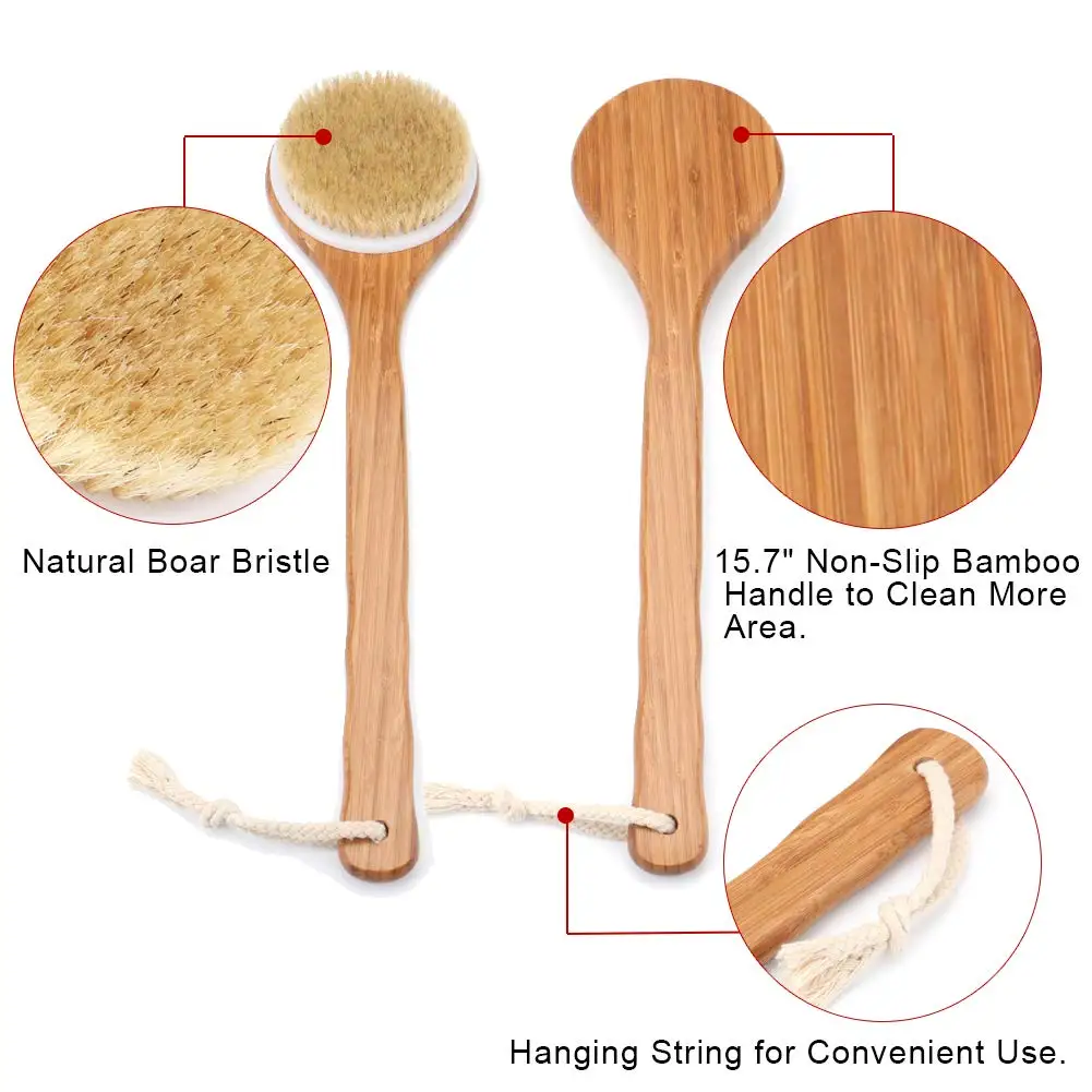 Shower Brush Long Bamboo Handle Bath Body Brush for Wet or Dry Brushing Improves Blood Circulation, Exfoliating Skin