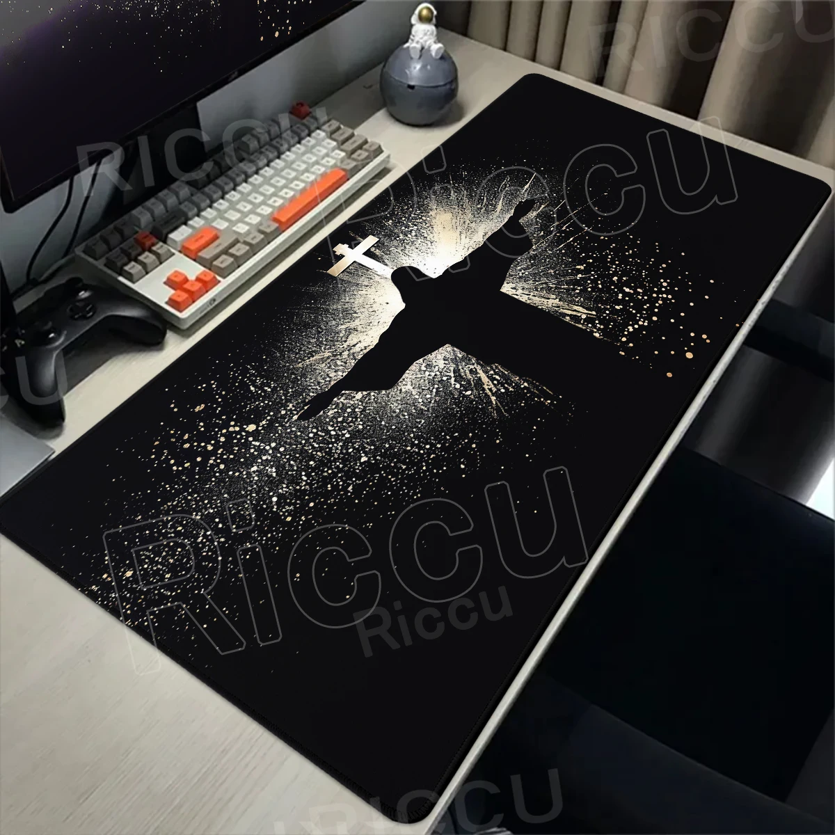 Schwarzes Mauspad mit Jesus- und Kreuz-Motiv, großes Schreibtischzubehör, Schreibtischunterlage, Büro-Gummi-Antirutsch-Mausmatte, PC-Schrank-Schreibtischunterlage, Teppich