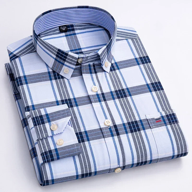 New In Shirt Plus Size 7XL 100% Cotton Oxford Long-Sleeve Shirts for Man Slim Fit Formal Plain Shirt Plaid Office Elegant Clothe