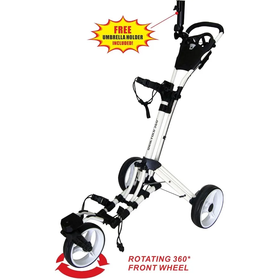 عربة دفع جولف 3 عجلات مع عجلة أمامية دوارة 360 درجة ثانية واحدة لفتح عربة سحب جولف خفيفة الوزن قابلة للطي مع فرامل القدم