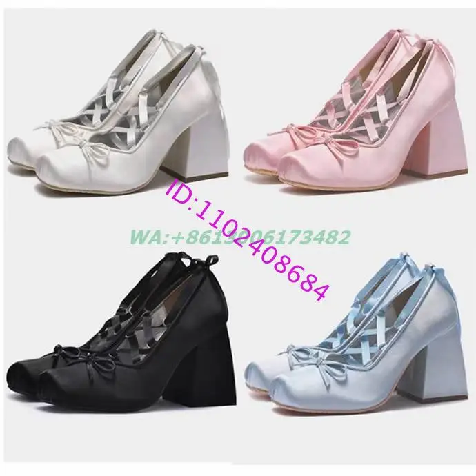 New Fashion Women Candy Color Satin Chunky Heel Lace Up Ballet High Heels Princess Lolita Block Heel Lace Up Pumps Shoes