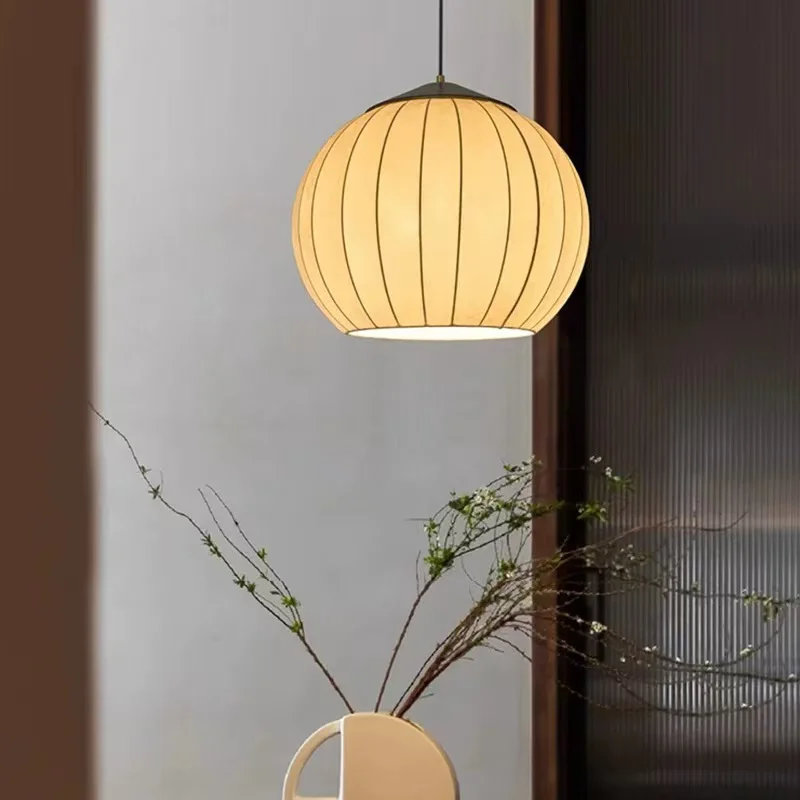 Medieval Round Ball Pattern Cloth Pendant Lights Retro Solid Wood Dining Room Decor E27 Chandelier Bedroom Hanging Lamp Fixtures