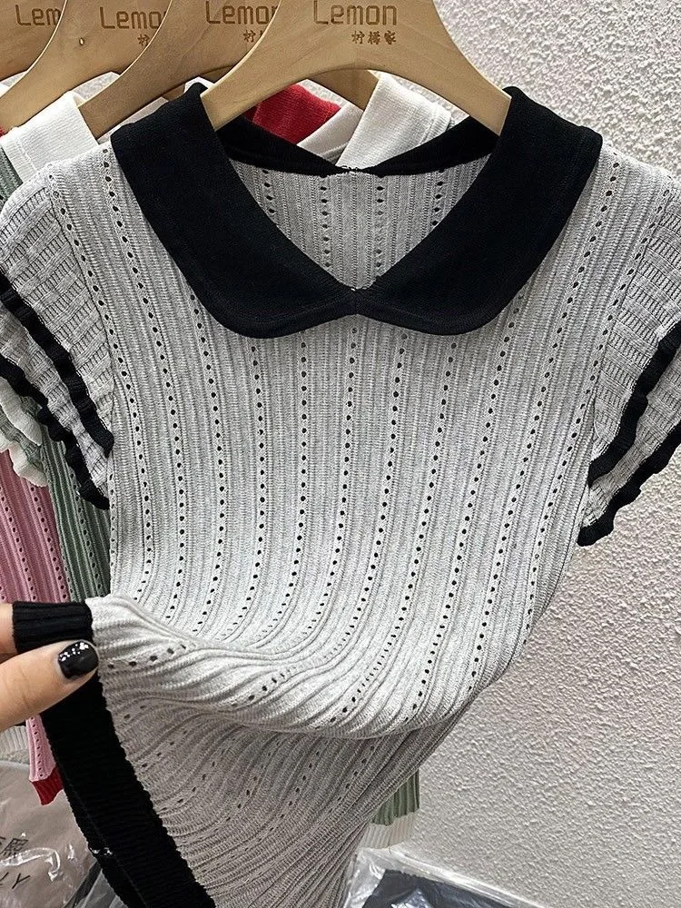 

Summer New Ice Silk Knitted Short Sleeve V-Neck Women's T-Shirt Fashionable Fly Sleeve Top Slim Fit Commute Style Knitwear