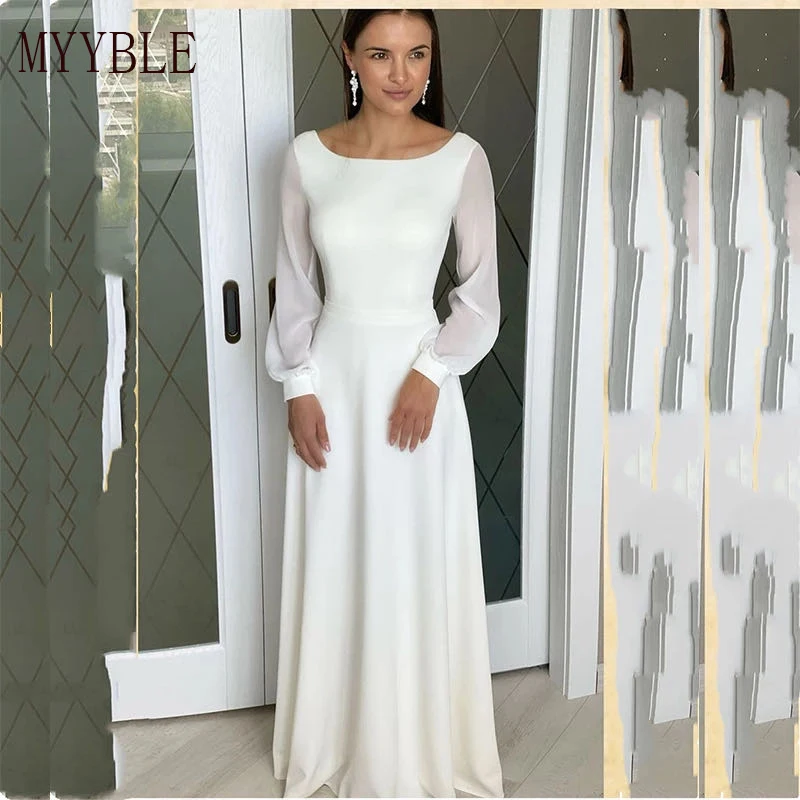 

Customized Simple Chiffon Wedding Dress Long Sleeve Floor Length Bridal Gown Robe De Mariee White Beach Scoop Elegant Zipper