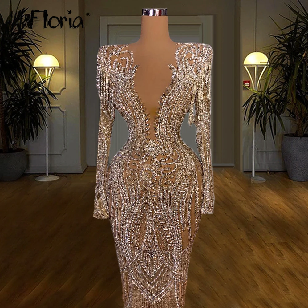 

Beading Crystals Champagne Prom Dress Long Deep V Neck Evening Gowns for Women Custom Made Vestidos De Fiesta 2022